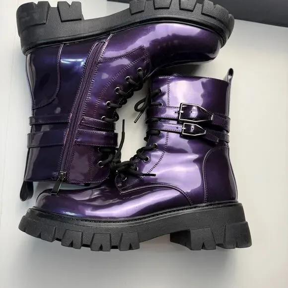 Women Combat Boots Lace Up Buckle Lug Sole Ankle Biker Boots - Picture 10 of 12